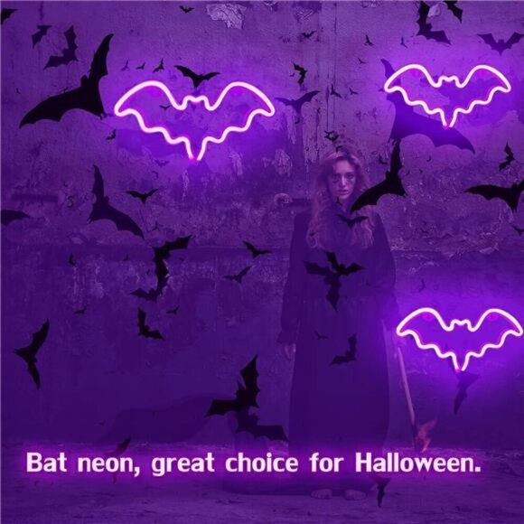 Halloween Bat Neon Sign Decoration LED Light Wall Decor Bat Shape Lamp NEW Scary - Picture 2 of 6